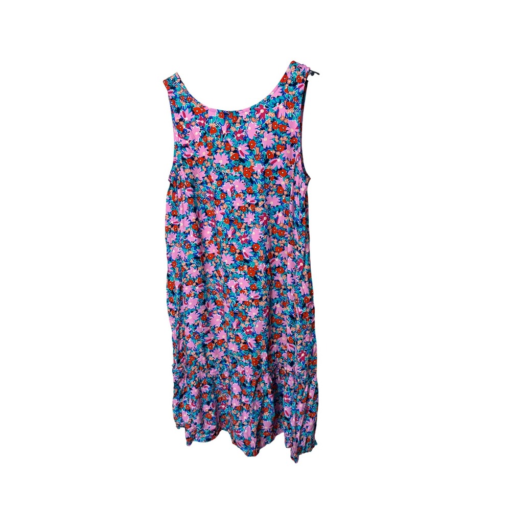 LOFT‎ Pink Blue Floral Ruffle Hem Tie Back Sleeveless Shift Dress Small